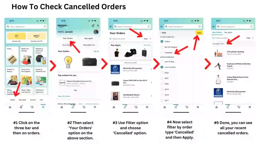 how to check cancelled orders on Amazon app